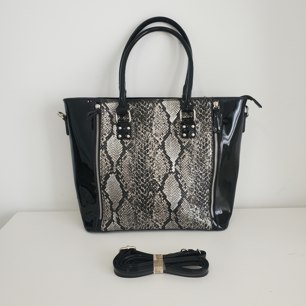 Elegant Black Patent and Snake Print Shoulder Bag With Sholder Strap